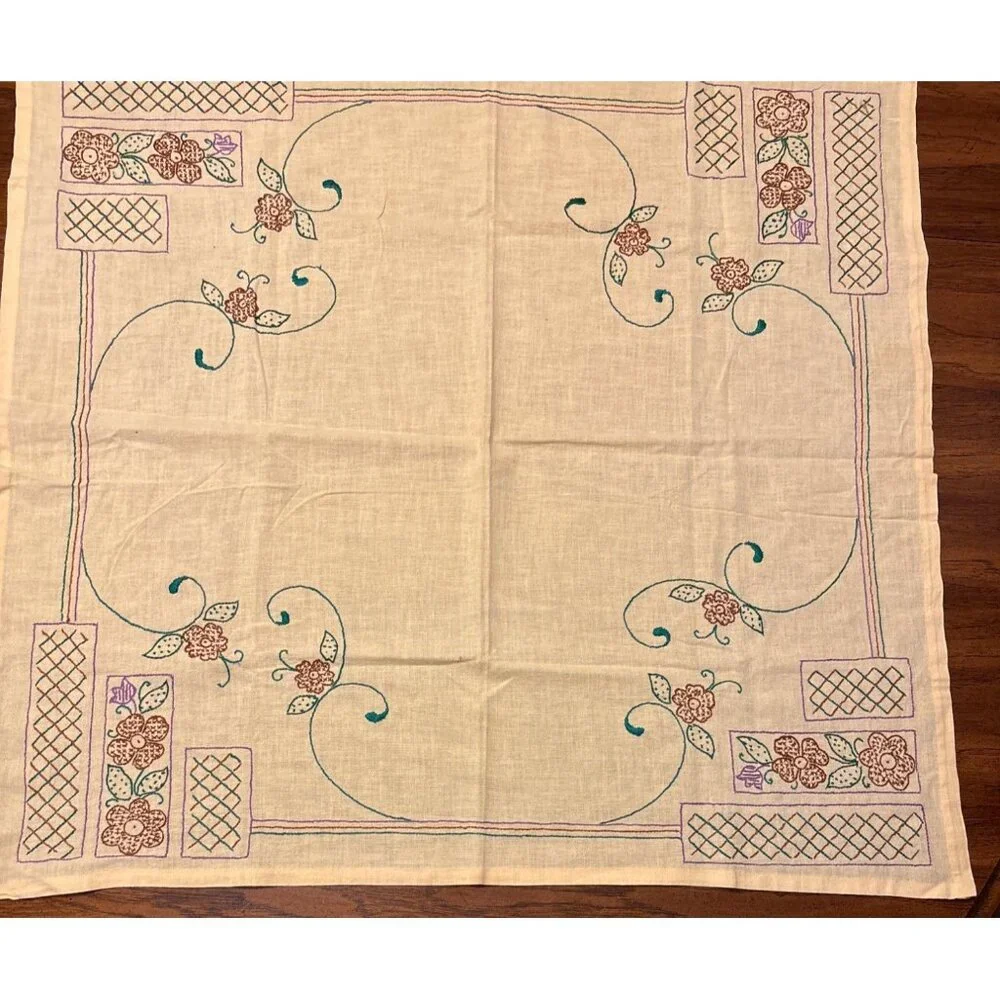 Vintage Embroidered Floral Linen Tablecloth Set 30